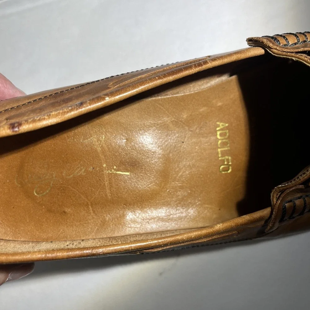 Vtg Adolfo Oleg Cassini Italian Brown Leather Kiltie Tassel Loafers Men's 8 RARE